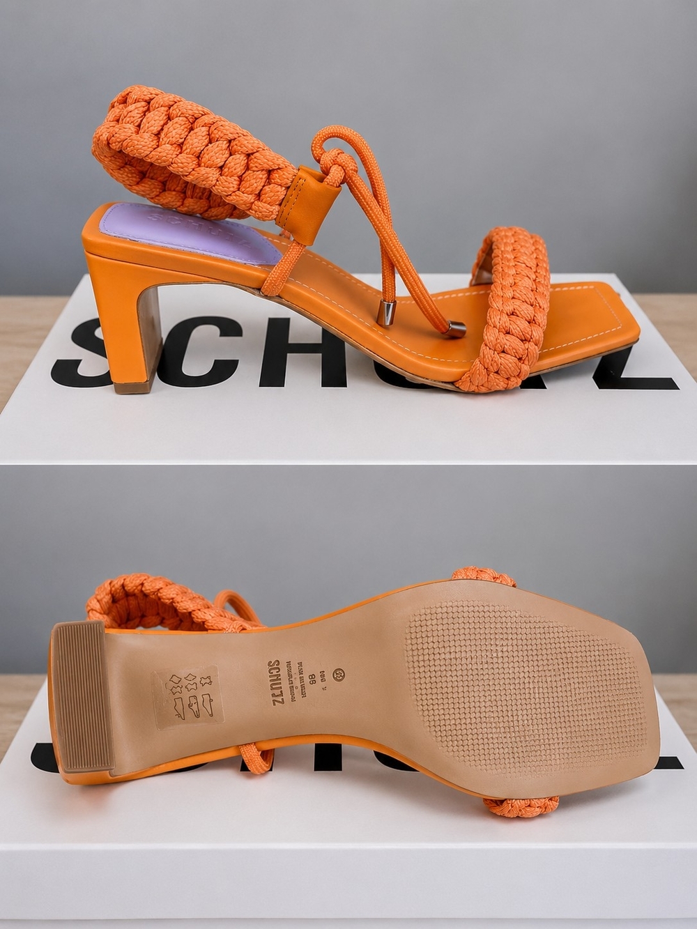 SCHUTZ Orange Braided Strap Mid-Heel Sandal with Lavender Insole